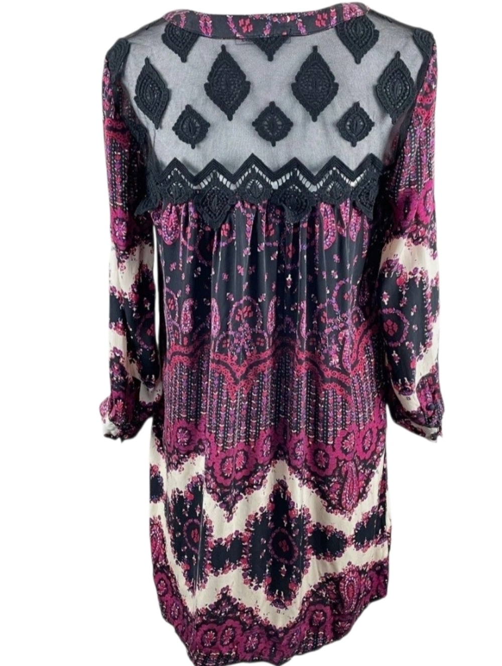 Gypsy 05 Silk Boho Pink Black Paisley Floral V-neck Mini Dress Lace Back Size S. - Picture 7 of 14